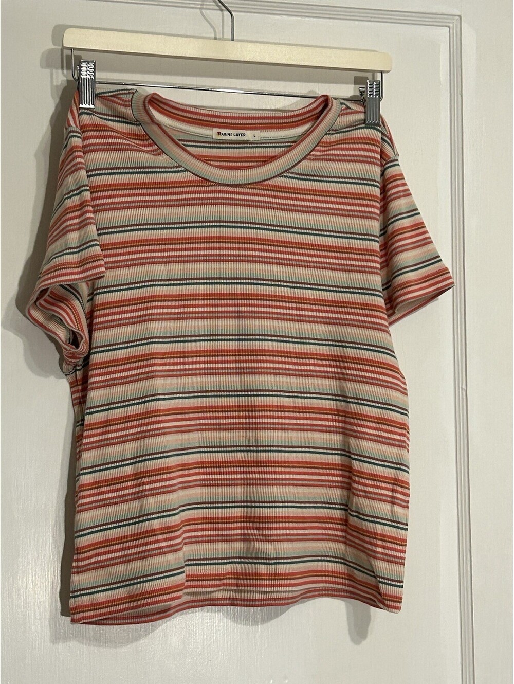 Marine Layer Shirt Womens L Basic Spring Summer Pink & Green Striped Minimalist